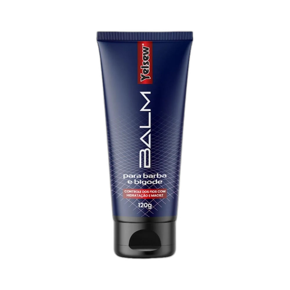 Balm para Barba Yelsew 120g embalagem azul escuro com detalhes vermelhos e brancos